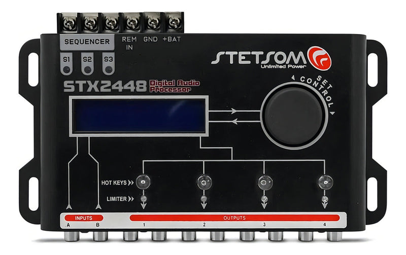 Processador de Áudio Digital Equalizador CROSSOVER Automotivo Stetsom 2 Entradas 4 Saidas STX2448 Mesa Regulagem Alta Precisão Frequência Controle Automação Profissional Projetos SOM Áudio Carro