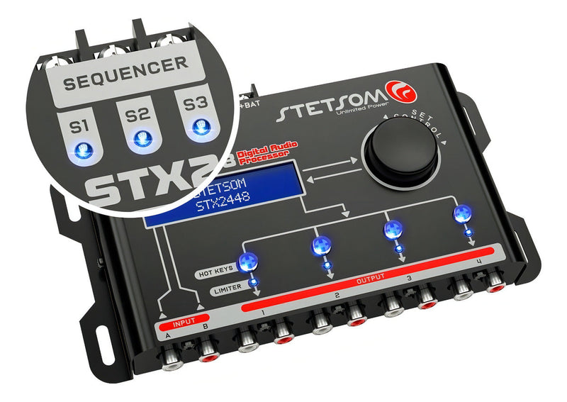 Processador de Áudio Digital Equalizador CROSSOVER Automotivo Stetsom 2 Entradas 4 Saidas STX2448 Mesa Regulagem Alta Precisão Frequência Controle Automação Profissional Projetos SOM Áudio Carro
