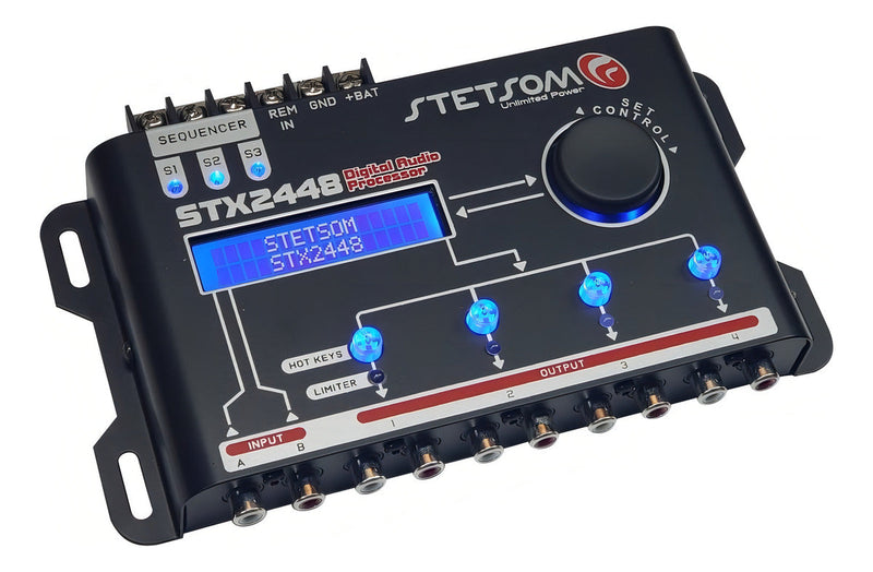 Processador de Áudio Digital Equalizador CROSSOVER Automotivo Stetsom 2 Entradas 4 Saidas STX2448 Mesa Regulagem Alta Precisão Frequência Controle Automação Profissional Projetos SOM Áudio Carro