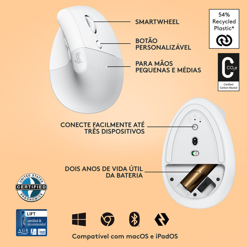 Mouse Sem Fio Logitech Lift Vertical - Branco