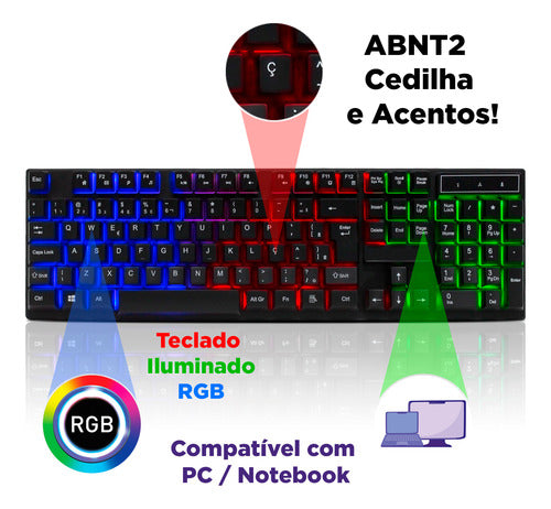 Kit Gamer Teclado Semimecanico Mouse Iluminado Mousepad Rgb